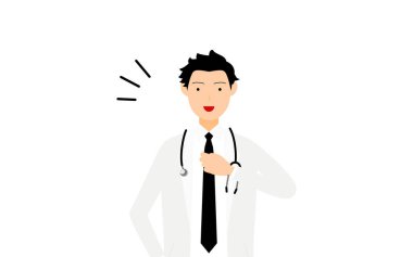 Beyaz önlüklü erkek doktor göğsünü alkışlıyor, güvenlik ve güven pozu veriyor.
