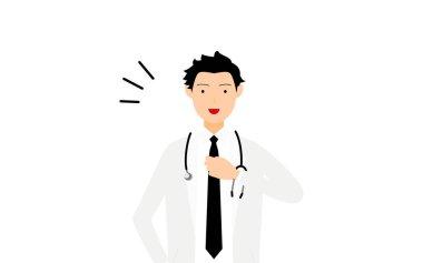 Male doctor in white coat clapping his chest, pose of safety and trust clipart