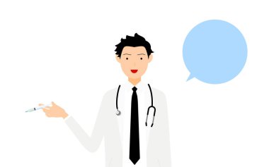 Beyaz önlüklü erkek doktor elinde şırınga - Aşı pozu (konuşma baloncuğu ile))