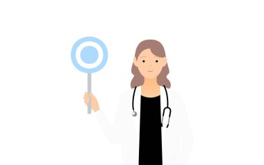 Beyaz önlüklü kadın doktor elinde daire çubuğu, aynı poz.