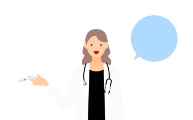 Beyaz şırıngalı kadın doktor, aşı pozu (konuşma baloncuğu ile))
