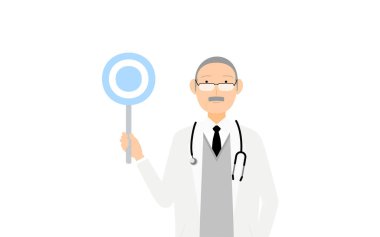 Beyaz önlüklü kıdemli erkek doktor daire çubuğu tutuyor, cevap ver.