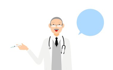 Beyaz önlüklü kıdemli erkek doktor elinde şırınga, aşı pozu (konuşma baloncuğu ile))