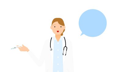 Beyaz önlüklü yaşlı kadın doktor elinde şırınga, aşı pozu (konuşma baloncuğu ile))