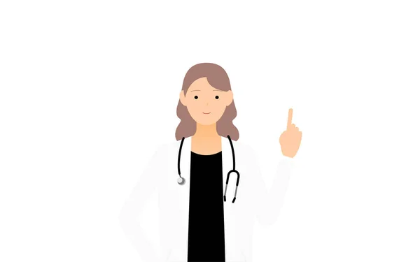 Kvinnlig Läkare Vit Rock Håller Upp Pekfingret Pekande Pose — Stock vektor