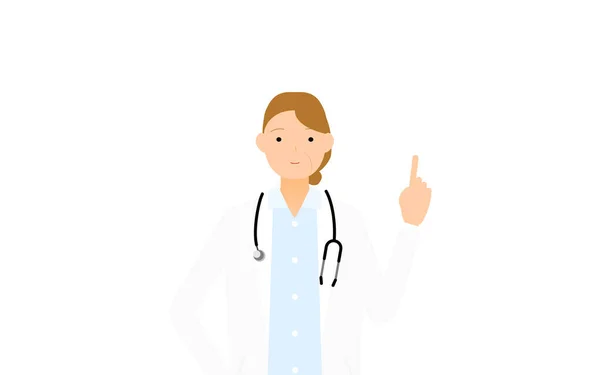 Senior Female Doctor White Coat Holds Index Finger Pointing Pose — Stock Vector