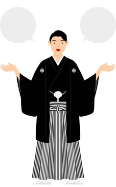 Kimono, ibikli hakama giyen bir adam, açık kollar (konuşma balonu ile) konuşun)
