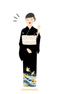 Kurotomesode giymiş, kimono giysili, kıdemli bir kadın, cesaret pozu vermiş.