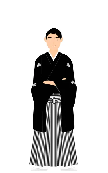 Een Man Kimono Met Een Hakama Met Een Kam Vouwt — Stockvector