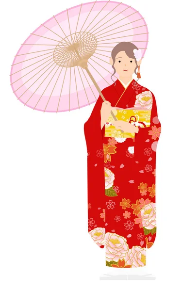 Женщина Кимоно Фурисоде Кимоно Длинными Рукавами Стоит Зонтиком — стоковый вектор