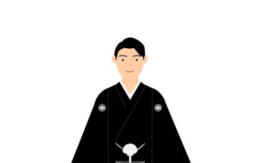 Kimonolu bir adam, ibikli hakama giyiyor, bir hayranla poz veriyor.