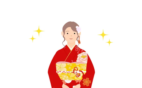 Kvinna Kimono Klädd Furisode Långärmad Kimono Ansiktsfront Med Väska Med — Stock vektor