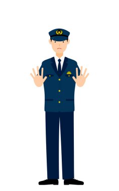 Poz veren genç bir polis memuru durmak için iki elini de önüne koyuyor.