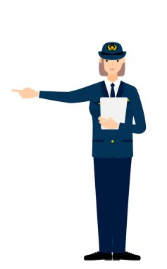 Genç bayan polis poz veriyor, panoyu işaret ediyor.