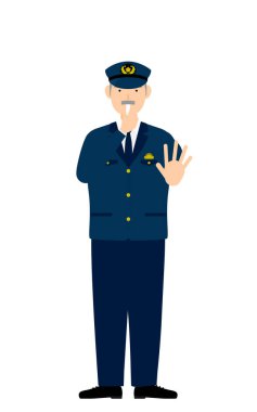 Kıdemli erkek polis poz veriyor, durdurmak için düdük çalıyor.