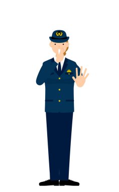 Kıdemli bayan polis poz veriyor, durdurmak için düdük çalıyor.