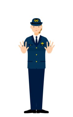 Kıdemli bayan polis poz veriyor, durması için iki elini de önüne koyuyor.