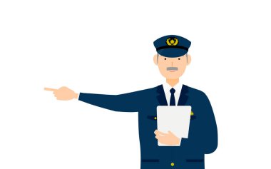 Üst düzey erkek polis poz veriyor, elinde bir pano var.