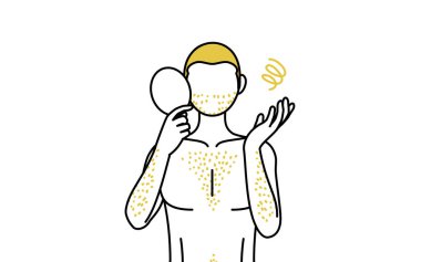 Kalın vücut kıllarından muzdarip erkeklerin çizgi çizimleri, aynaya bakarak bunalımlı pozlar.