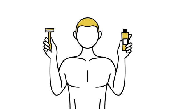Лінійний Малюнок Чоловіка Тримає Лезо Бритви Крем Видалення Волосся — стоковий вектор