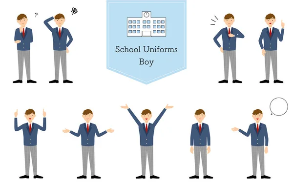 Boys Blazer Uniform Pose Set Questioning Worrying Undertaking Pointing Etc — Stock Vector