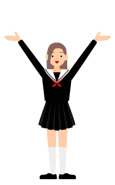 Girl Wearing School Sailor Uniform Pose Outstretched Hands Raised — 스톡 벡터