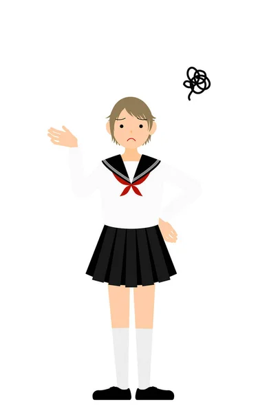 Girl Wearing White School Sailor Uniform Sighing Hands Hips Distress — ストックベクタ