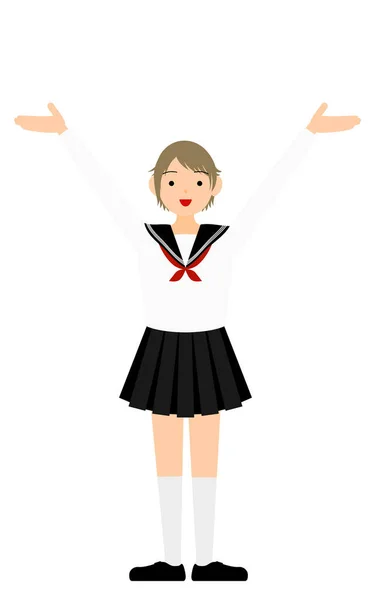 Girl Wearing White School Sailor Uniform Pose Outstretched Hands Raised — Vettoriale Stock