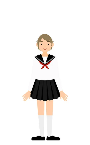 Girl Wearing White School Sailor Uniform Stand Upright — 스톡 벡터