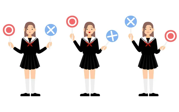 Set Girls Sailor School Uniforms Answering Question Marubatsu Stick — Stock Vector