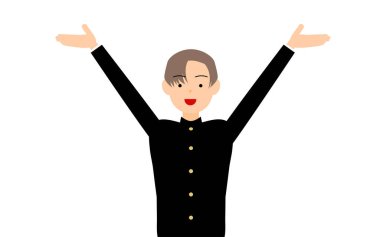 Boy wearing school uniform, Pose with outstretched hands raised