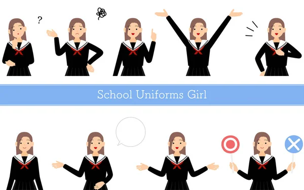 Girl Wearing School Sailor Uniform Posed Set Questioning Embarrassment Pointing — Vector de stock