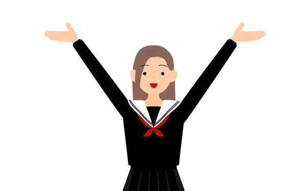 Girl Wearing School Sailor Uniform Pose Outstretched Hands Raised — Stockvektor