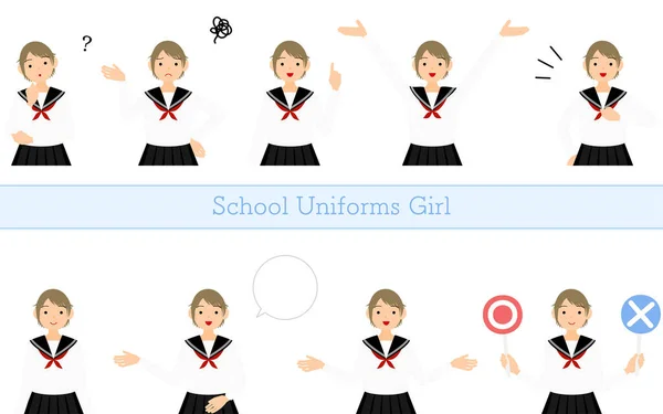 Girl Wearing White School Sailor Uniform Posed Set Questioning Embarrassment — Stok Vektör