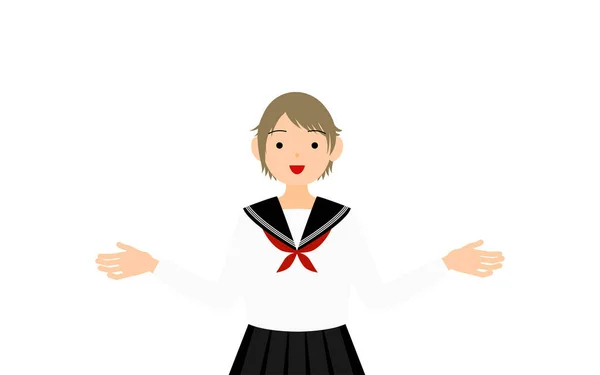Дівчина Уніформі Білого Шкільного Моряка Жести Витягнутими Руками — стоковий вектор