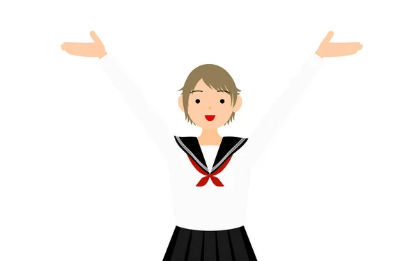 Girl Wearing White School Sailor Uniform Pose Outstretched Hands Raised — Archivo Imágenes Vectoriales