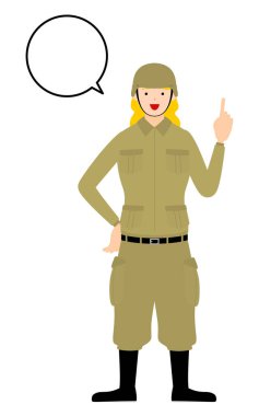 Kadın asker pozu, işaret ederken konuşuyor.