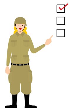 Kadın Asker Pozu, bir kontrol listesine işaret ediyor