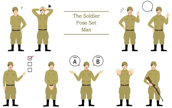 Manlig Soldat Pose Set Förhör Oroande Uppmuntrande Pekar Etc — Stock vektor