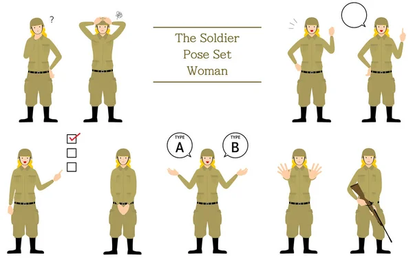 Γυναίκα Στρατιώτης Pose Set Ανάκριση Ανησυχία Ενθάρρυνση Δείχνοντας Κλπ — Διανυσματικό Αρχείο
