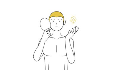 Saçları dökülmüş, depresif bir şekilde aynaya bakan bir adamın çizgi çizimi.