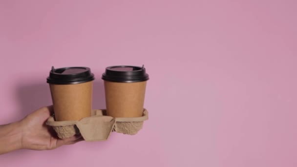 Hands Holding Cups Color Background Tea Coffee Brown Paper Cup — Stock Video