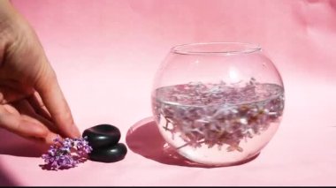 Pembe arka planda leylak çiçekli vazo