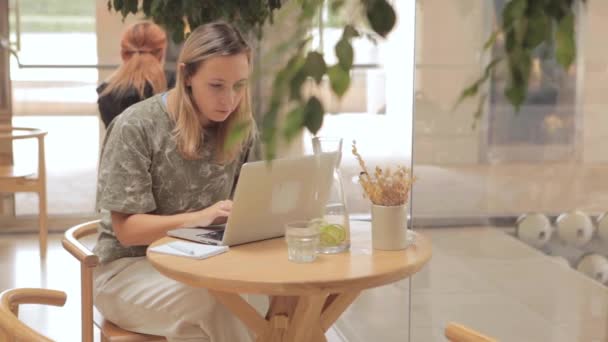 Mujer sentada en la mesa con portátil en la cafetería — Vídeo de stock