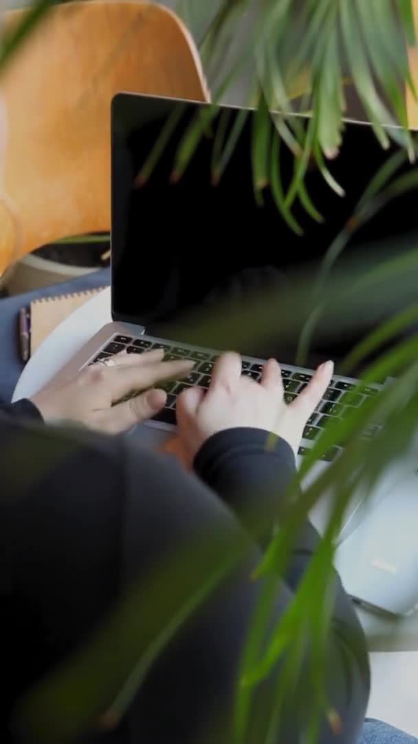 Жінка сидить в кафе і працює в ноутбуці . — стокове відео