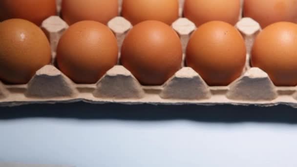 Куряче яйце упаковка на синьому фоні . — стокове відео