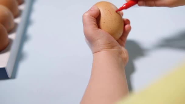 Ένα μικρό παιδί ζωγραφίζει ένα πασχαλινό αυγό. — Αρχείο Βίντεο