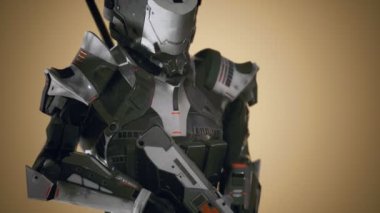 Siber punk silahlı, çelik zırhlı gelecekteki asker.