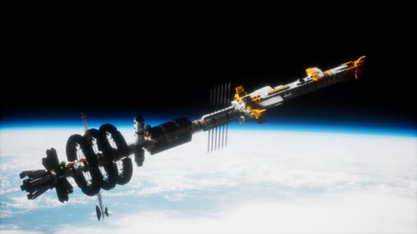 Великий космічний корабель на орбіті Землі. Носові елементи. — стокове відео