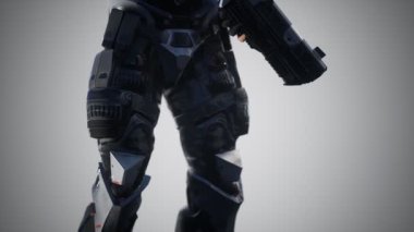 Siber punk silahlı, çelik zırhlı gelecekteki asker.